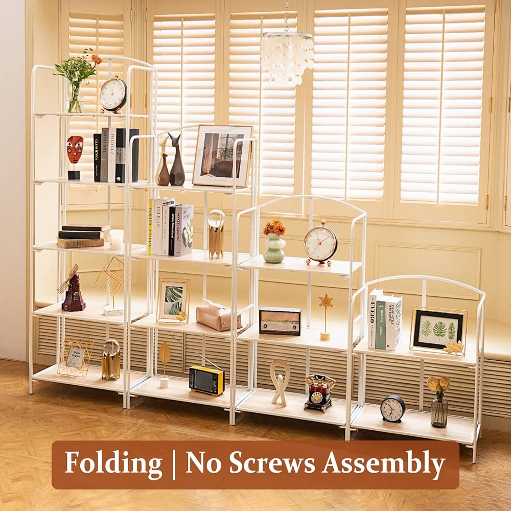 Crofy No Assembly Folding Bookshelf for Living Room, 5 Tier